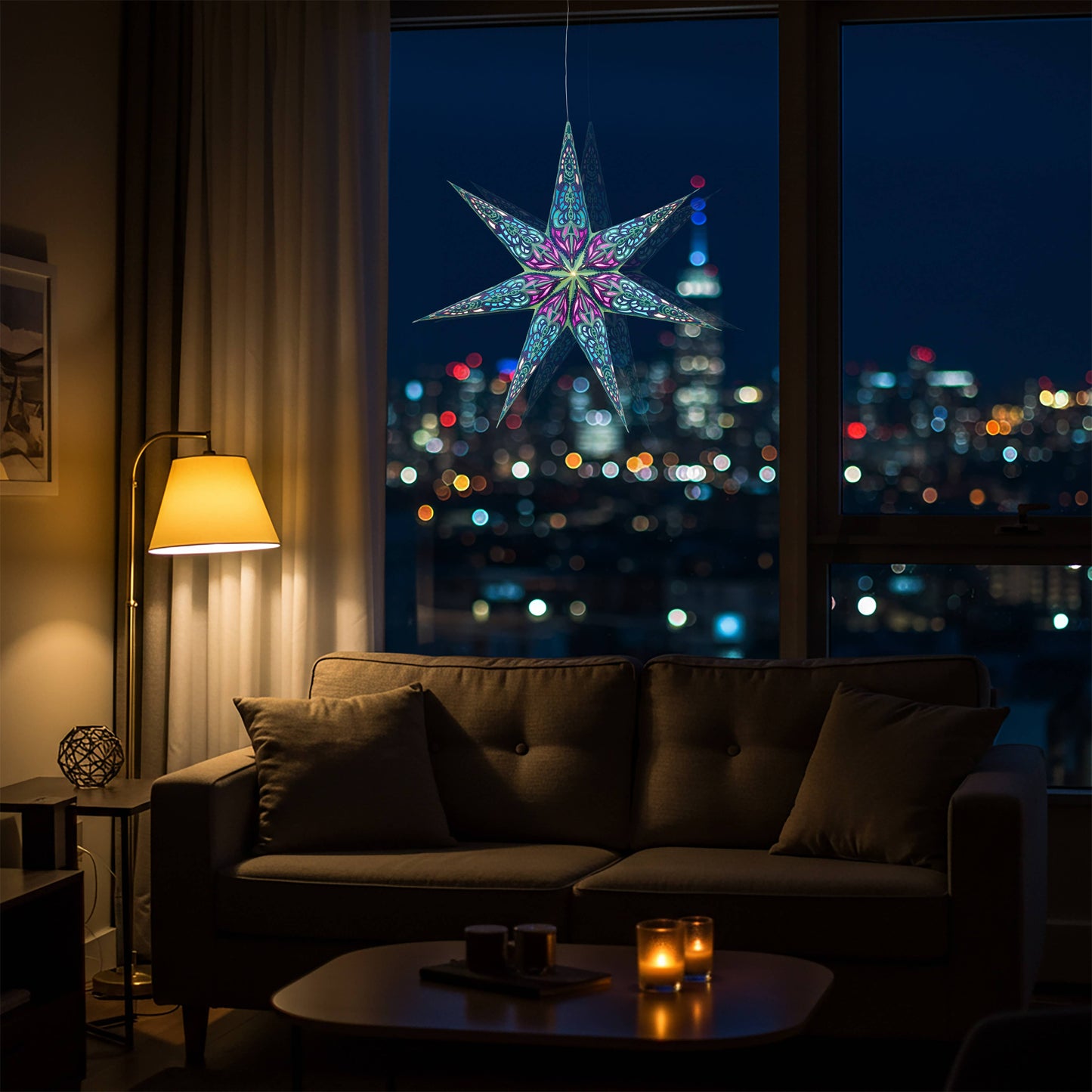Nigella 7 Point 23" Green / Purple Paper Star Lantern Light