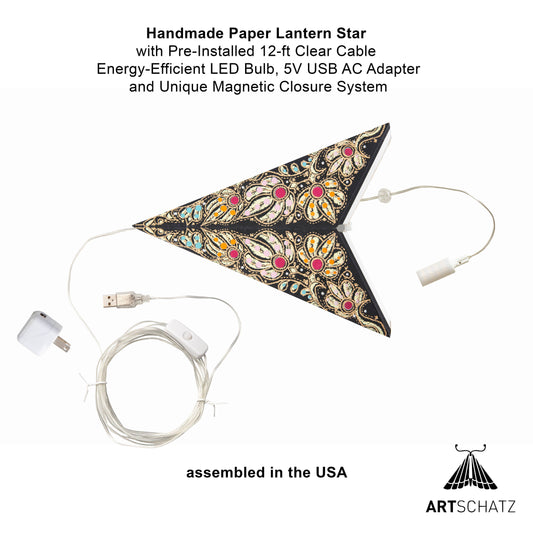 Cosecha ~ 5 P, 24", Black Yellow Paper Star Lantern Light