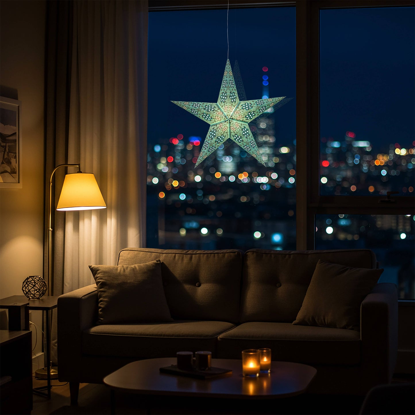 Siklon 5 Pointer 24" Teal w/Glitter Paper Star Lantern Light