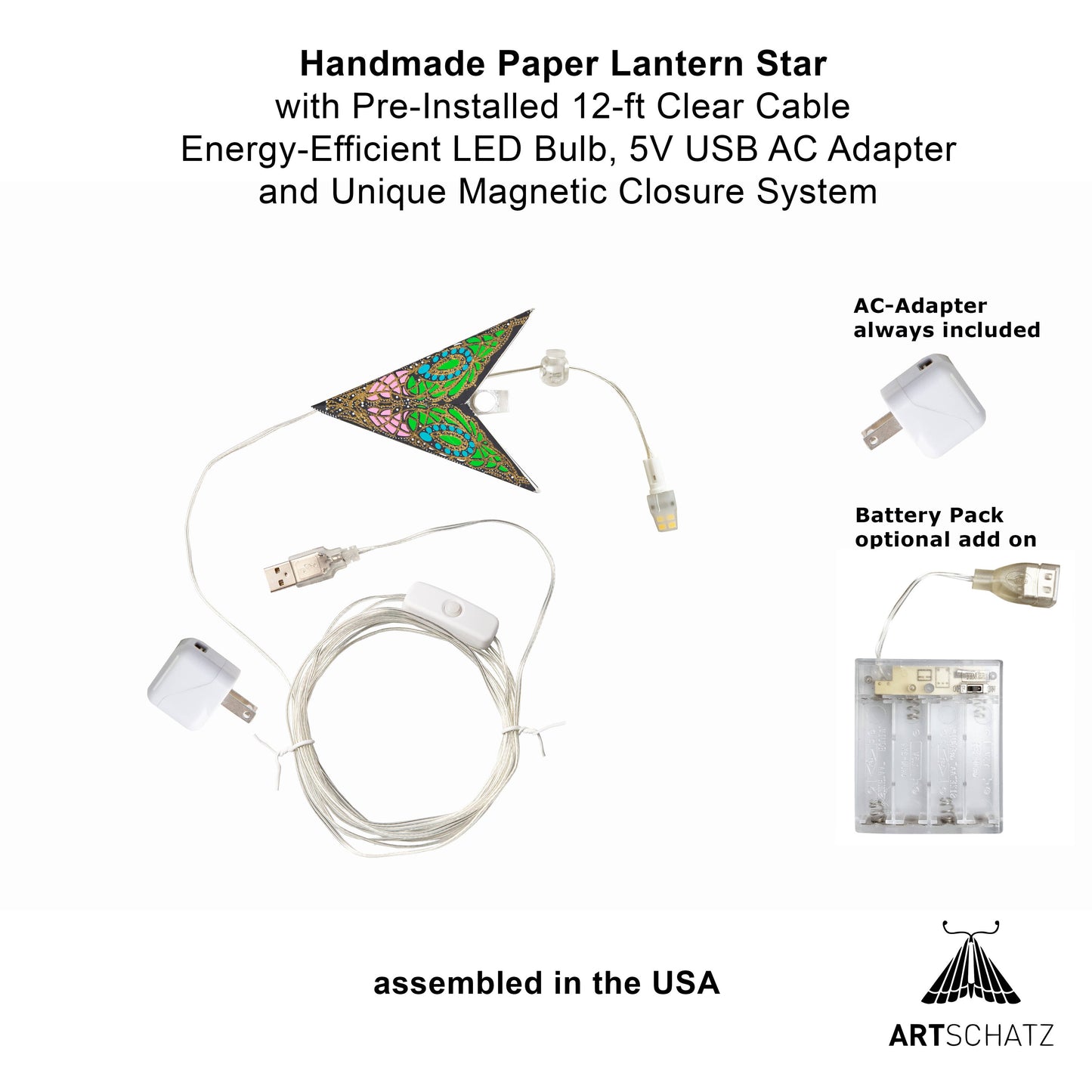 Fe Spring 7 Pointer 8 inch - black / green / blue / pink Paper Star Lantern Light