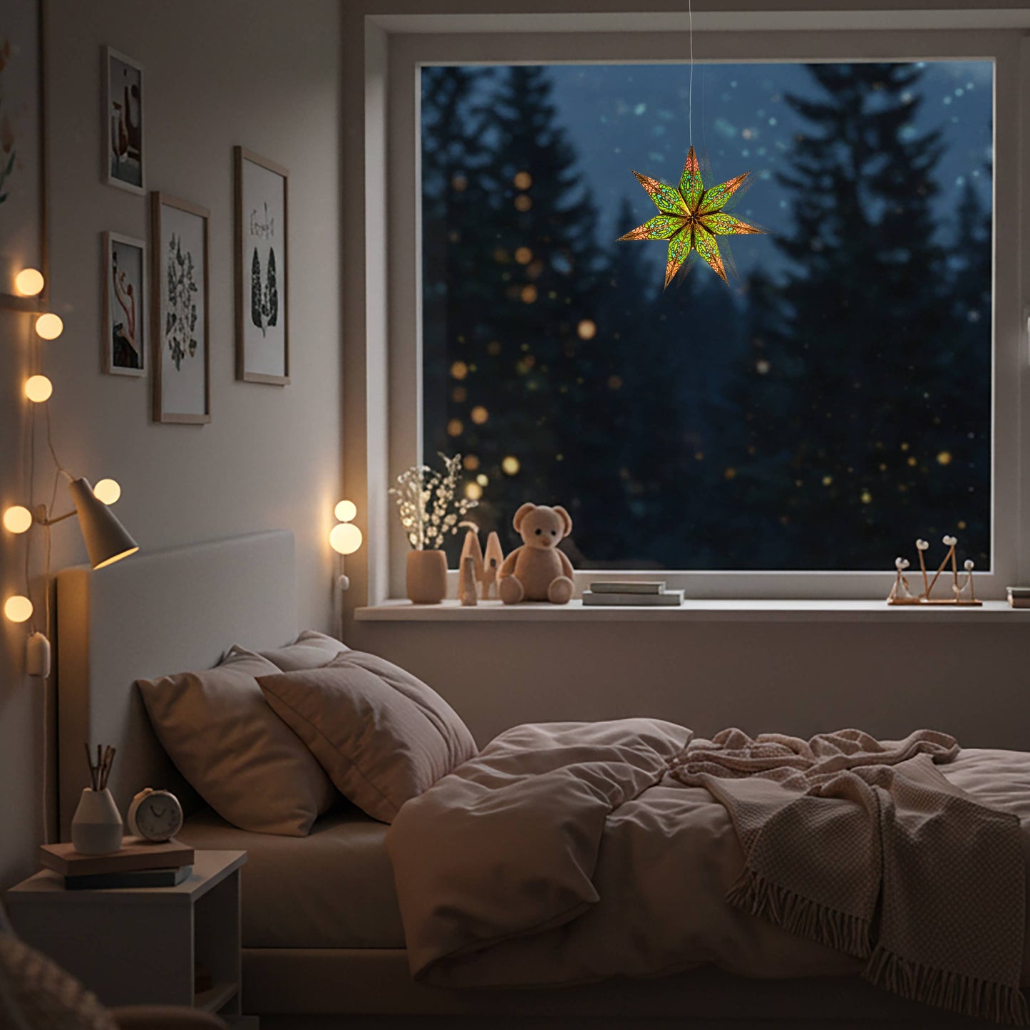 Fe Spring 7 Pointer 8 inch - black / green / blue / pink Paper Star Lantern Light