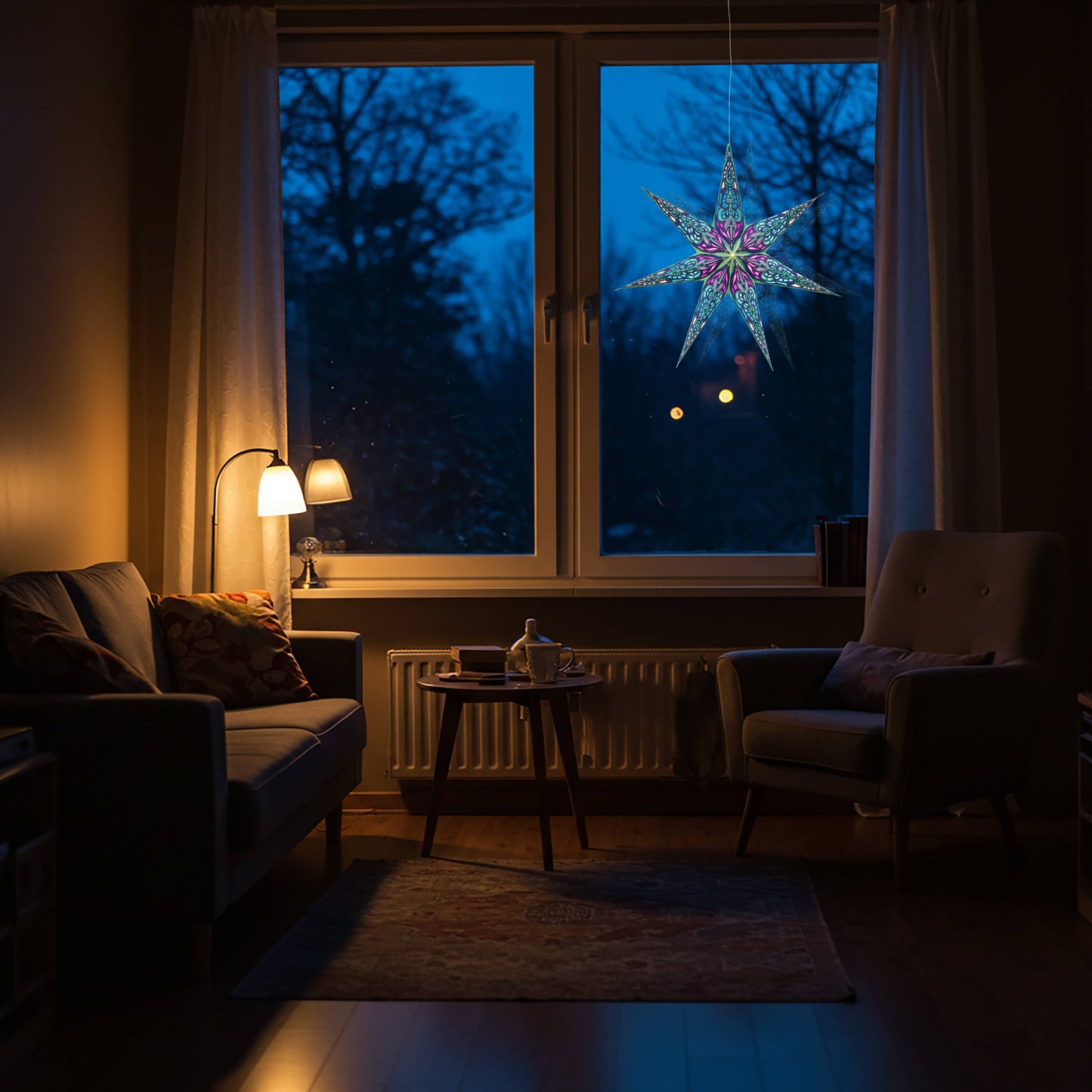 Nigella 7 Point 23" Green / Purple Paper Star Lantern Light