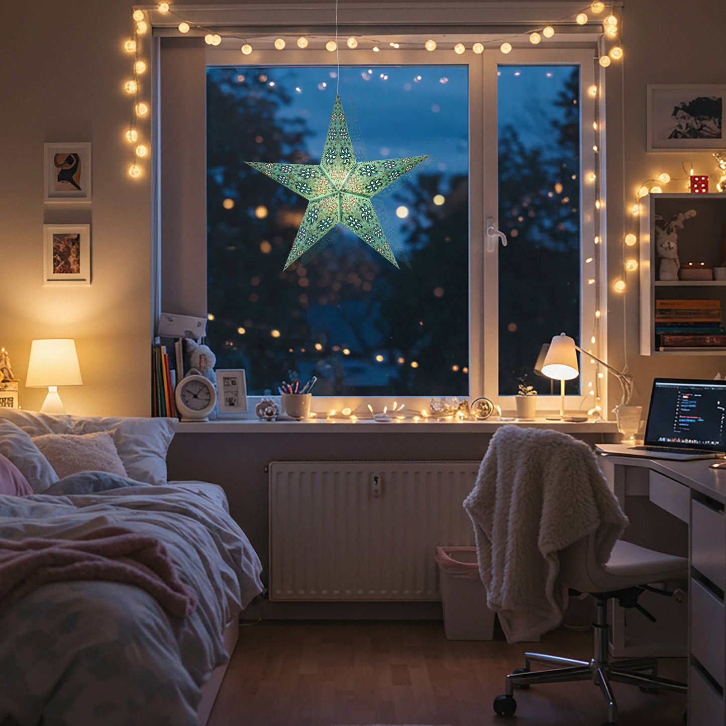 Siklon 5 Pointer 24" Teal w/Glitter Paper Star Lantern Light