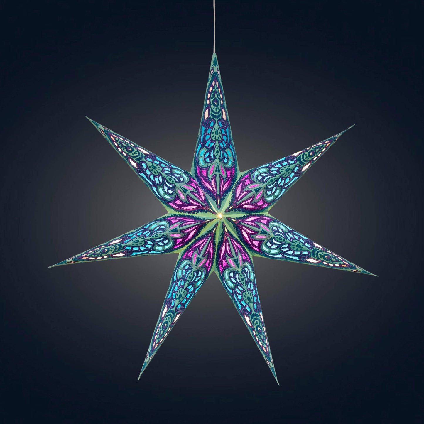 Nigella 7 Point 23" Green / Purple Paper Star Lantern Light