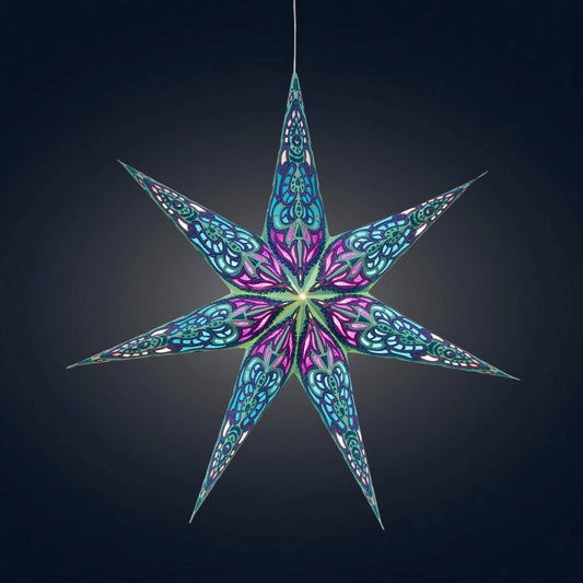 Nigella 7 Point 23" Green / Purple Paper Star Lantern Light