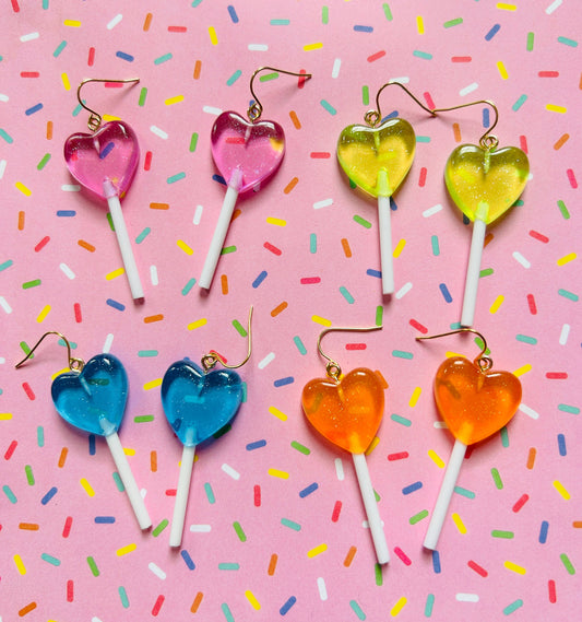 Glittery Heart Lollipop Earrings Kawaii Earrings Funky