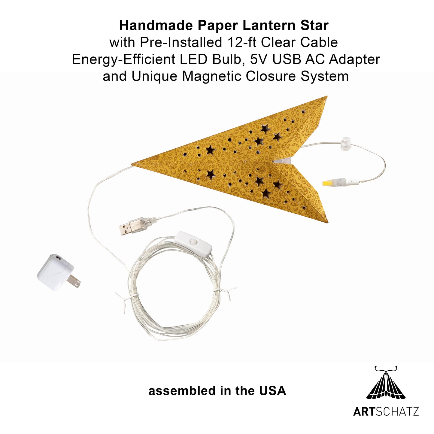 Hrim Star 9 Point 16" Gold w Gold Glitter Paper Star Lantern