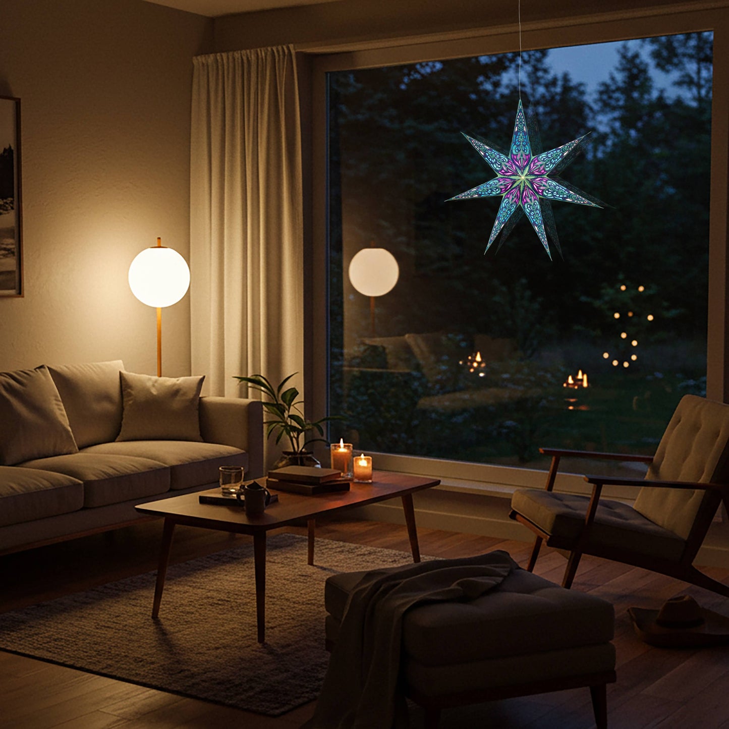 Nigella 7 Point 23" Green / Purple Paper Star Lantern Light