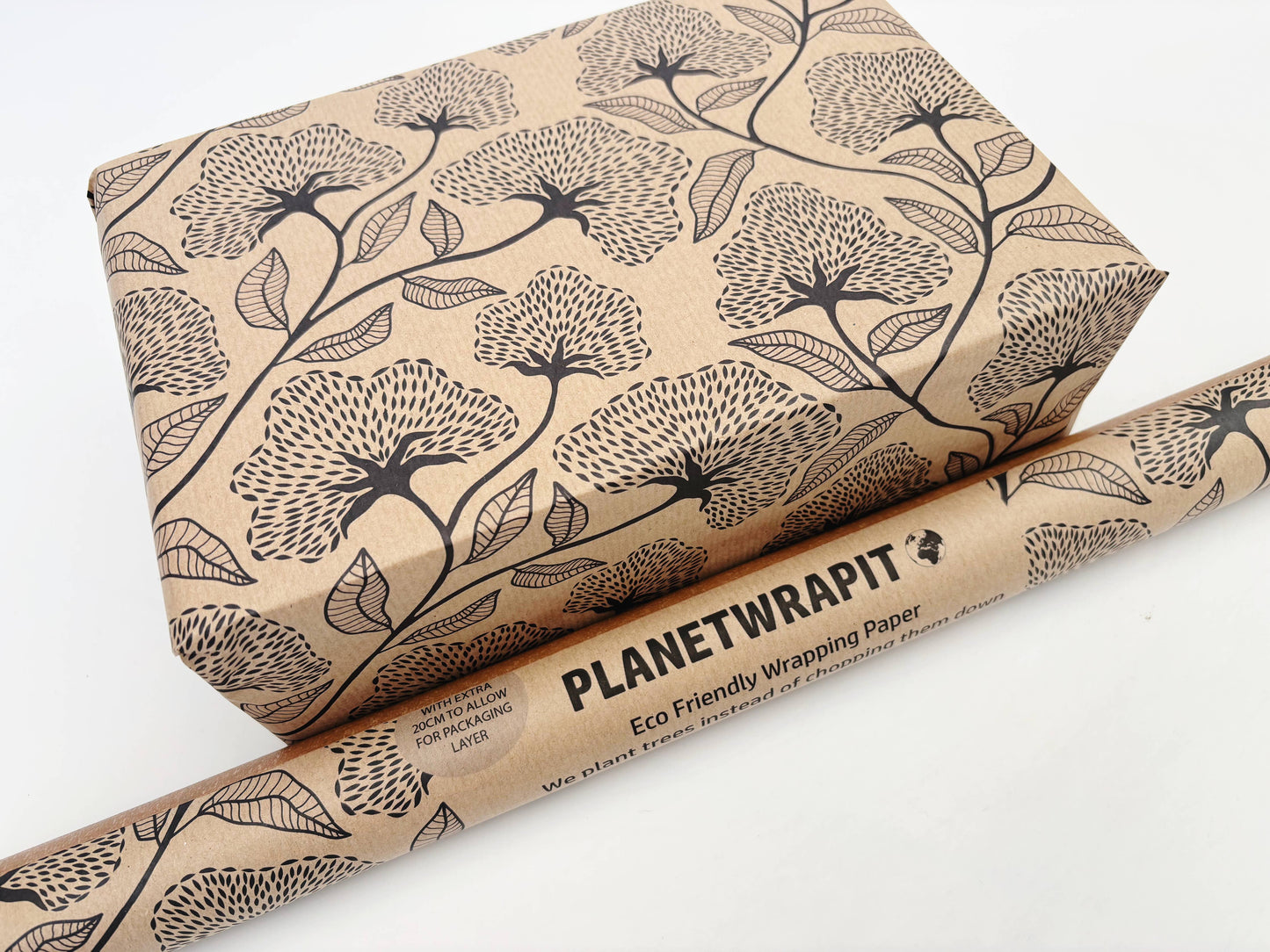 Black Floral Recycled Kraft Wrapping Paper Gift Wrap