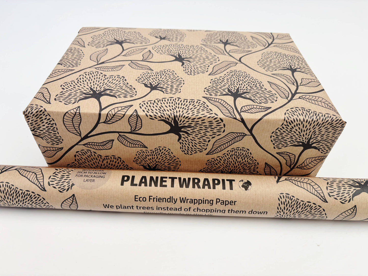 Black Floral Recycled Kraft Wrapping Paper Gift Wrap