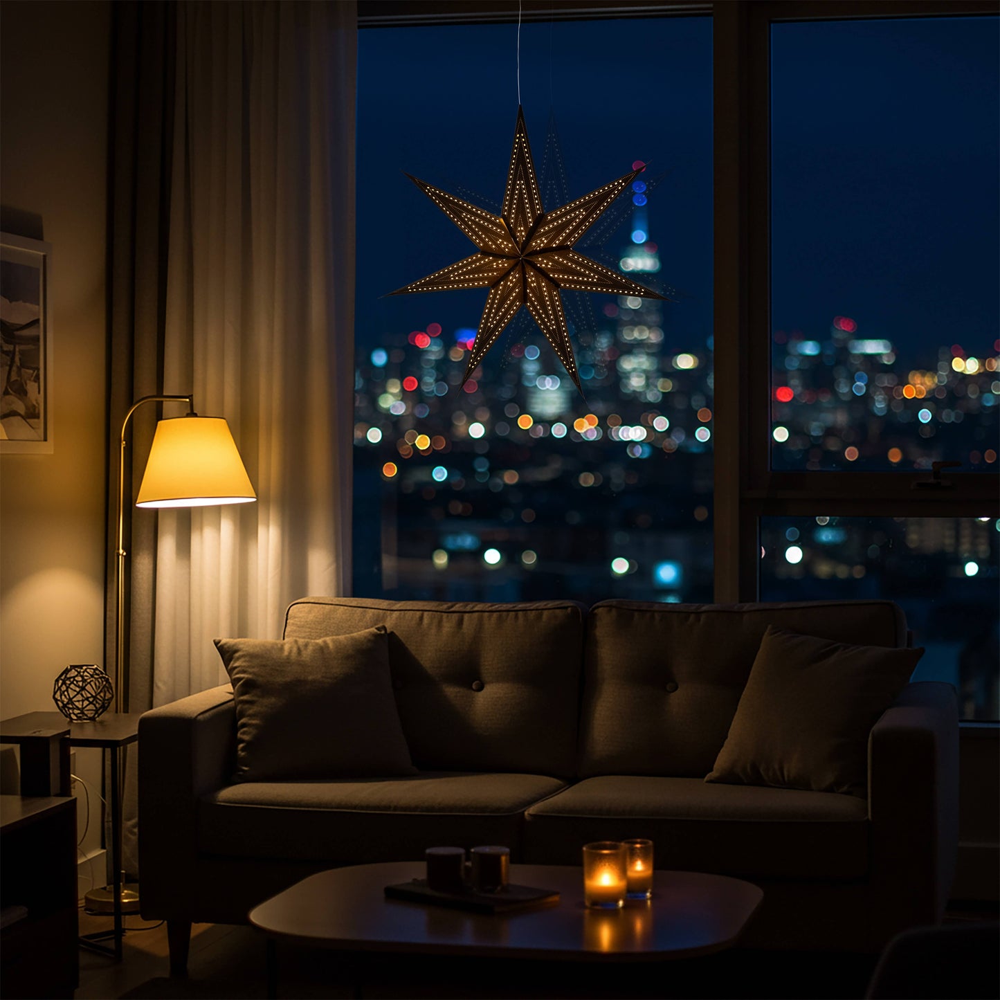Prima Dottie ~  7 P, 23", Black Paper Star Lantern Light