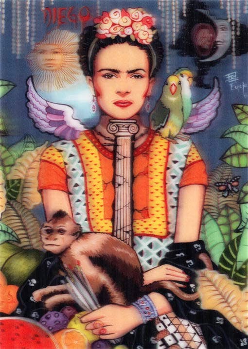 3-D Postcard.  Frida Kahlo with monkey, parrot & Paint Brush
