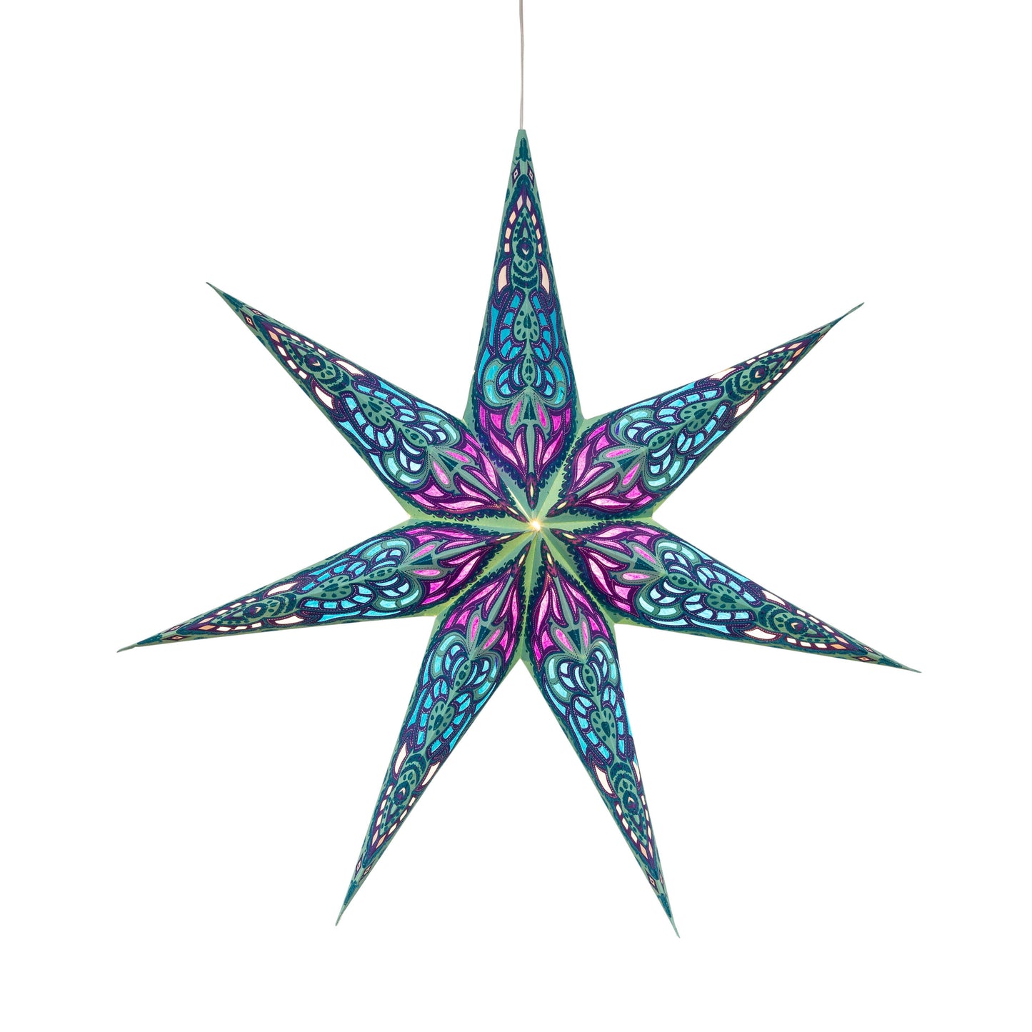 Nigella 7 Point 23" Green / Purple Paper Star Lantern Light