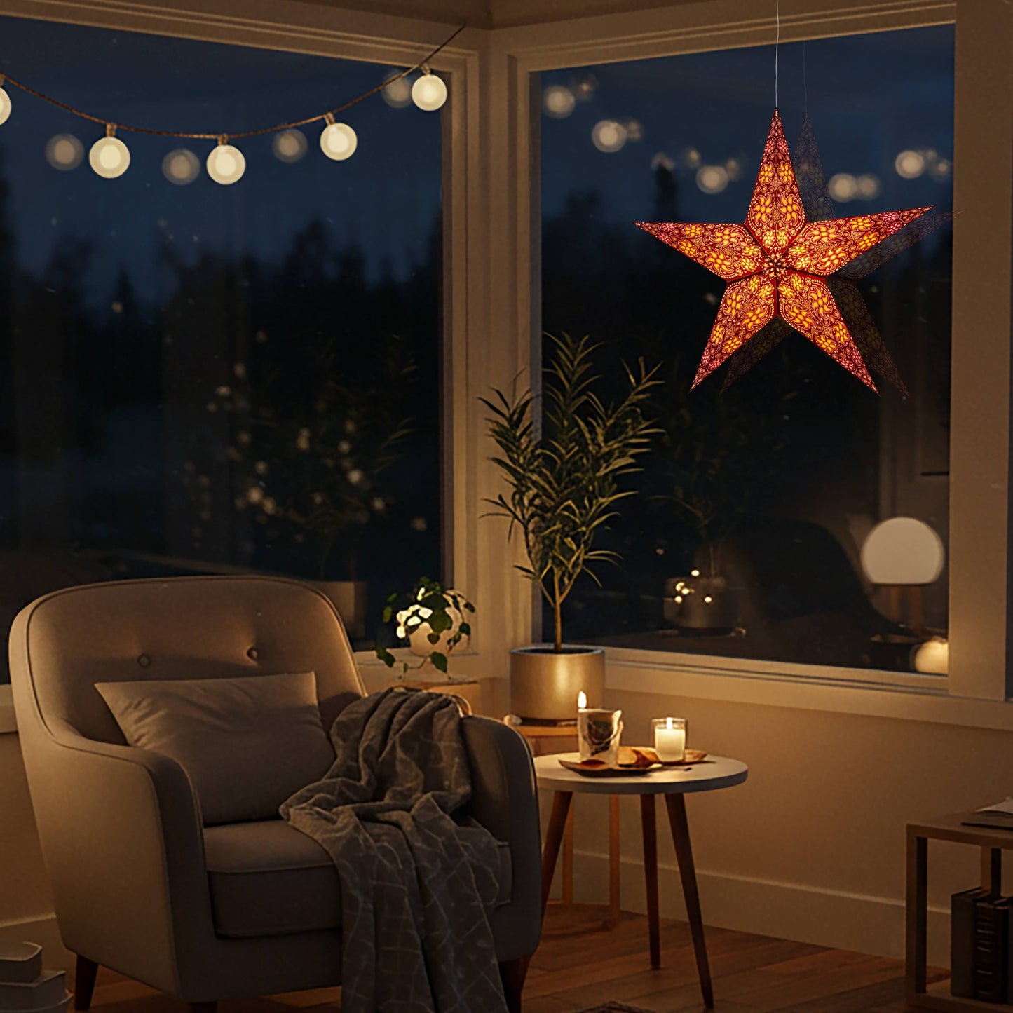 Siklon 5 Pointer 24" Brown/ White Paper Star Lantern Light