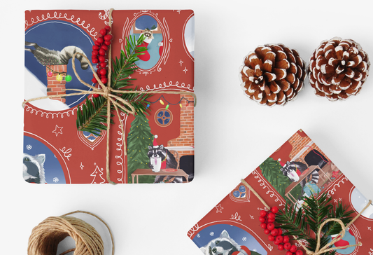 Raccoon Christmas Gift Wrap - Wrapping Paper Sheets
