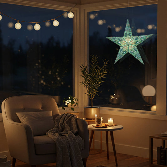 Siklon 5 Pointer 24" Teal w/Glitter Paper Star Lantern Light